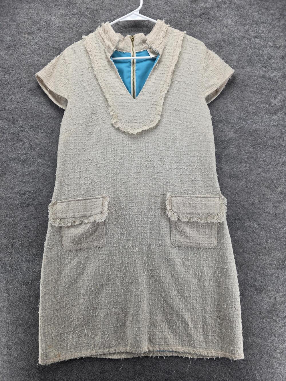 Sail to Sable Dress Womens 12 Beige Cream Tweed Short Sleeve Frayed Pockets Zip